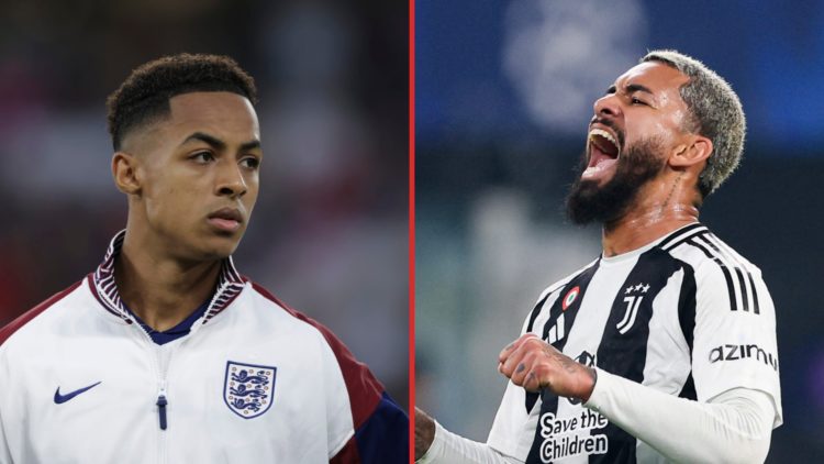 Split image of Omari Hutchinson lining up ahead of England vs Germany in the U21 Euros final and Douglas Luiz celebrating during Juventus vs PSV Ei...