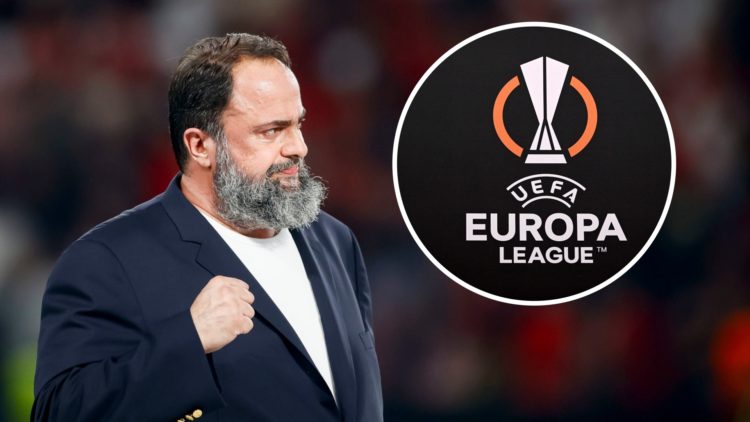 Evangelos Marinakis celebrates after Olympiacos won the 2024 UEFA Conference League. Inset: The UEFA Europa League logo