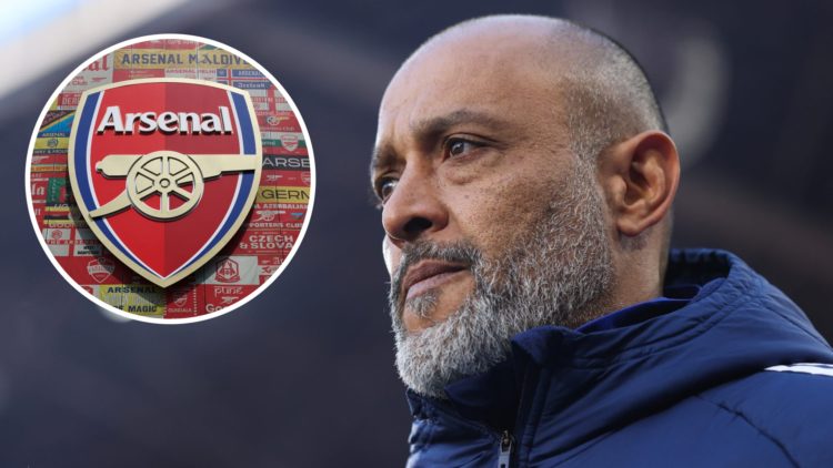 Nuno Espírito Santo during Crystal Palace vs Nottingham Forest. Inset: A view of the Arsenal badge