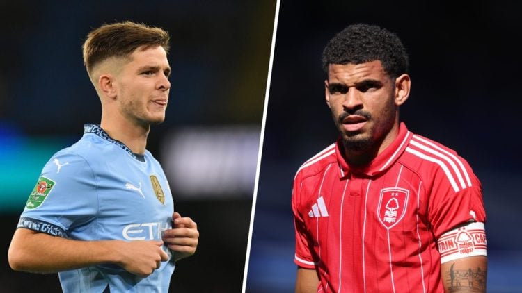 Split image of James McAtee in action for Manchester City against Watford and Morgan Gibbs-White looking on during Nottingham Forest vs Birmingham ...