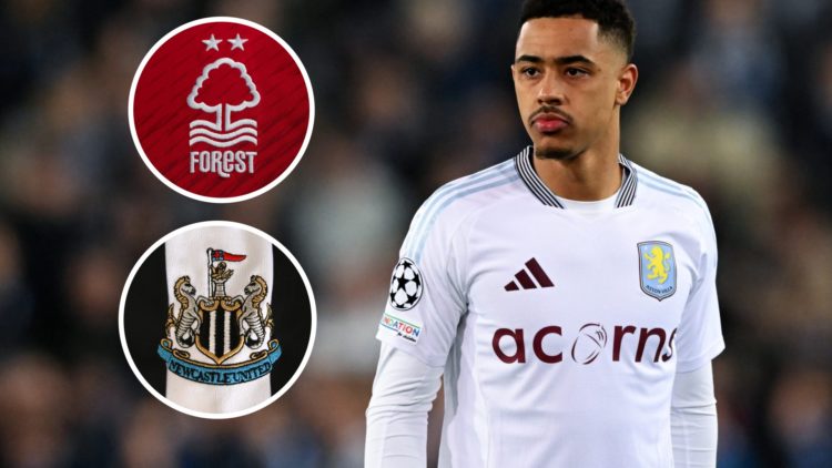 Aston Villa midfielder Jacob Ramsey. Inset of Nottingham Forest and Newcastle United badge.