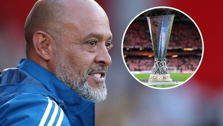 Nuno Espírito Santo looks on during Nottingham Forest vs Al Qadsiah. Inset: The Europa League trophy