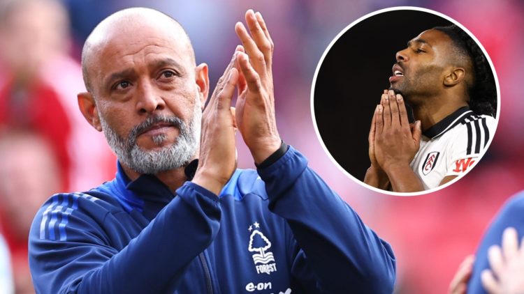 Nuno Espírito Santo applauds the Nottingham Forest fans. Inset: Adama Traoré reacts during Fulham vs Manchester United