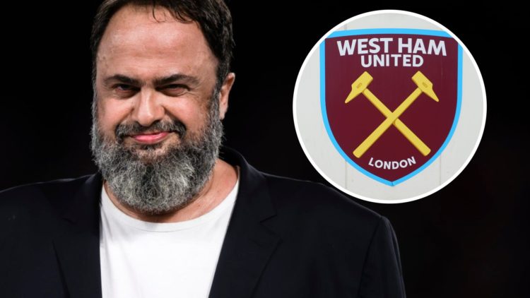 Evangelos Marinakis smiling after Olympiacos won the UEFA Conference League. Inset: The club crest of West Ham United