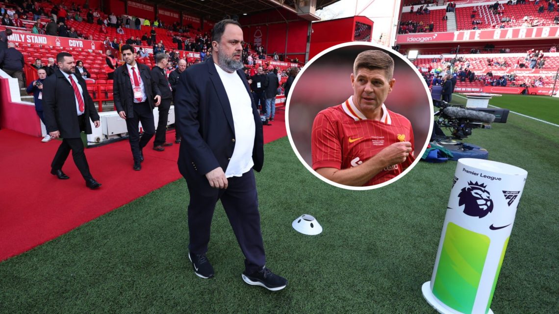 Main: Evangelos Marinakis walks out at the City Ground and Inset: Steven Gerrard