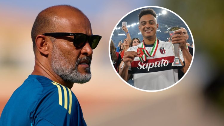 Nuno Espírito Santo looks on ahead of Nottingham Forest vs Estoril. Inset: Dan Ndoye celebrates winning the Coppa Italia with Bologna
