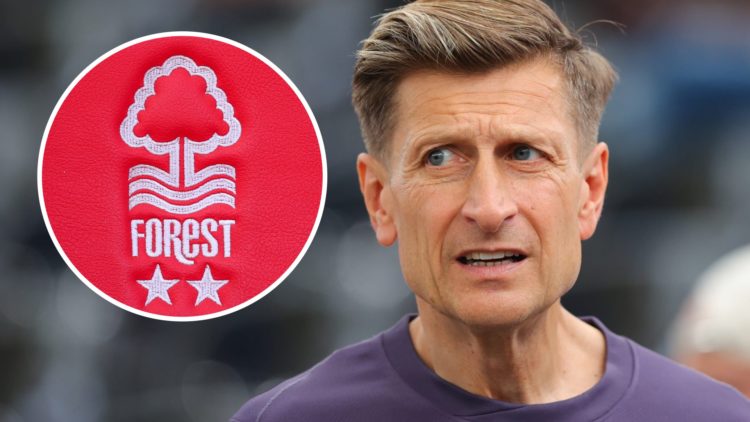 Steve Parish attends England vs Denmark at Euro 2024. Inset: the club crest of Nottingham Forest