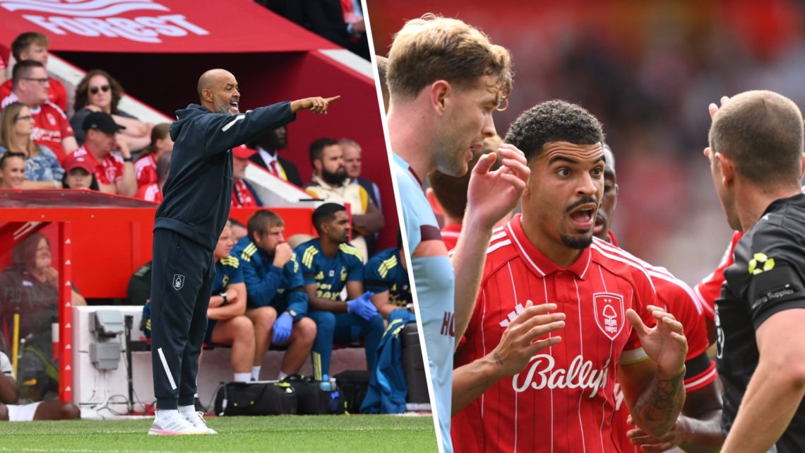 Left: Nuno Espirito Santo barks orders at his team and Right: Morgan Gibbs-White appeals a decision.
