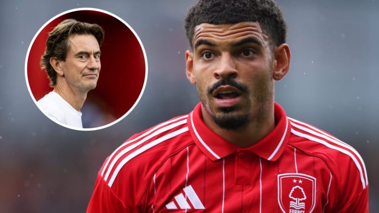 Morgan Gibbs-White in action during Nottingham Forest vs Monaco. Inset: Thomas Frank ahead of Nottingham Forest vs Brentford