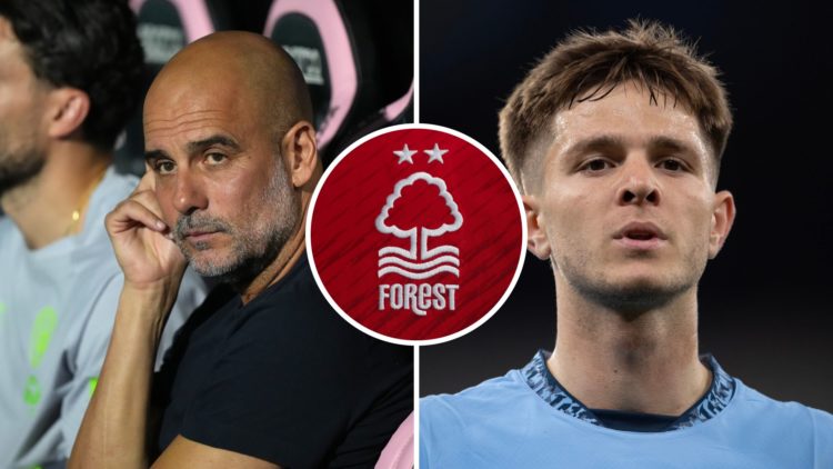 Left: Pep Guardiola sitting in the dugout watching Manchester City play against Palermo in pre-season friendly Right: James McAtee in action for Ma...