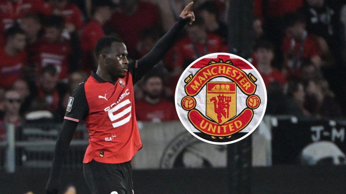 Main: Arnaud Kalimuendo scores for Rennes and Inset: Badge of Manchester United