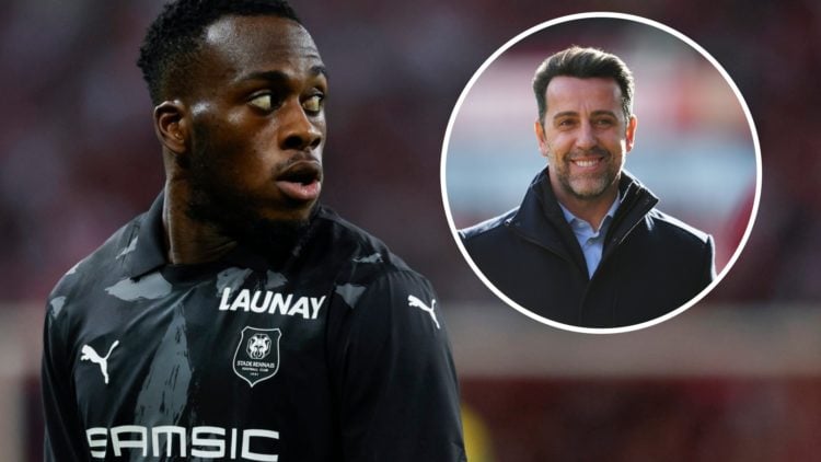 Arnaud Kalimuendo in action for Rennes against Lille. Inset: Edu Gaspar looks on prior to the Barclays Women's Super League match between Arsenal F...
