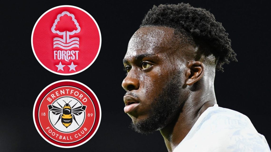 Arnaud Kalimuendo featuring for France at the 2023 U21 Euros. Insets: Detailed views of the Nottingham Forest and Brentford badges