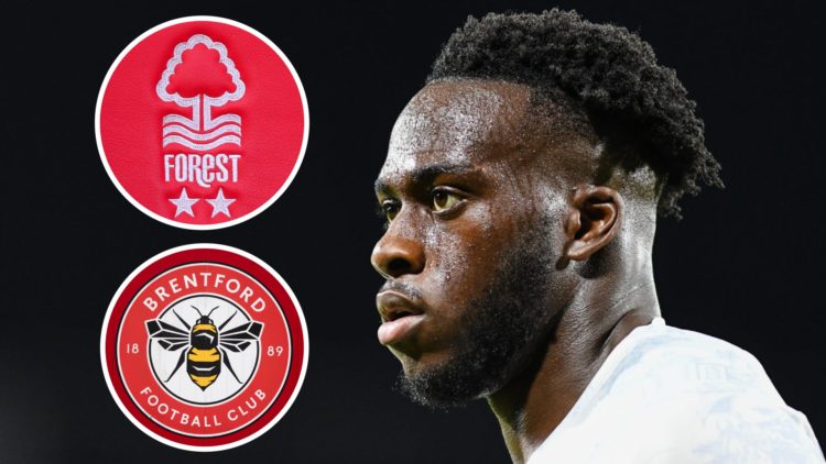 Arnaud Kalimuendo featuring for France at the 2023 U21 Euros. Insets: Detailed views of the Nottingham Forest and Brentford badges