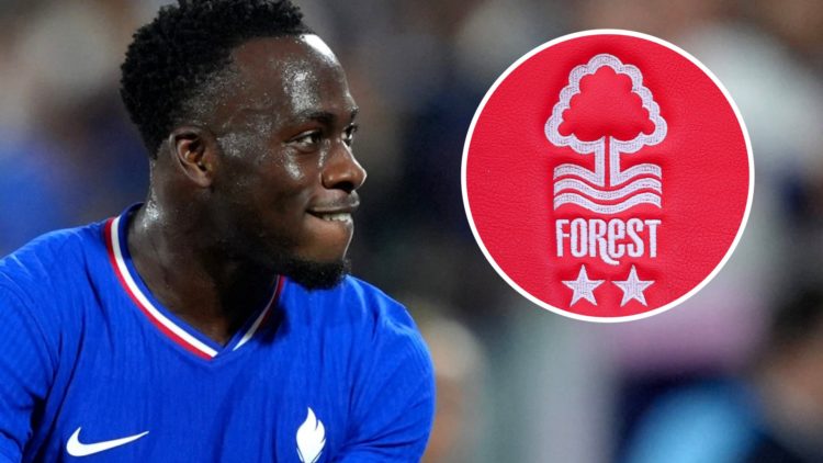 Arnaud Kalimuendo celebrates after France beat Argentina at the 2024 Olympics. Inset: The Nottingham Forest crest.