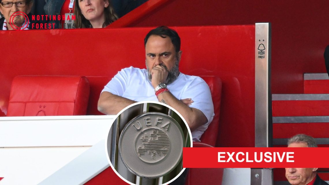 Main: Evangelos Marinakis watches Forest vs Chelsea and Inset: UEFA crest upon a medal