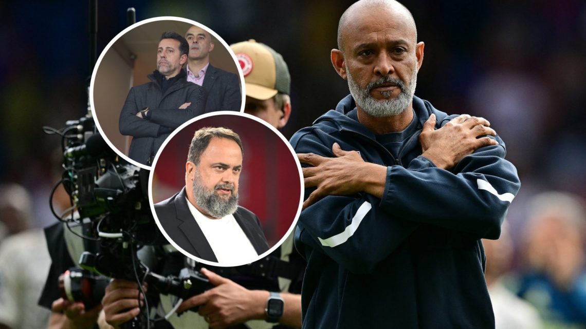 Main: Nuno Espirito Santo praises the Forest support and Insets: Edu (Top) and Evangelos Marinakis (Bottom(