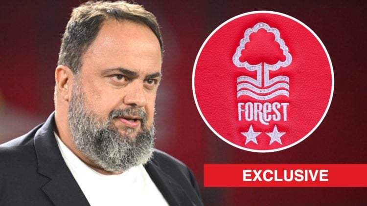 Evangelos Marinakis attends Nottingham Forest vs Liverpool. Inset: The Nottingham Forest badge