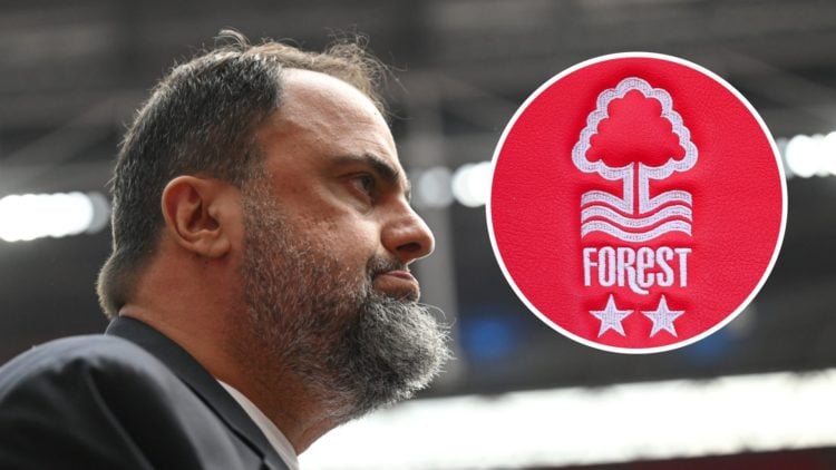 Nottingham Forest owner Evangelos Marinakis ahead of the FA Cup semi-final. Inset: The Nottingham Forest crest