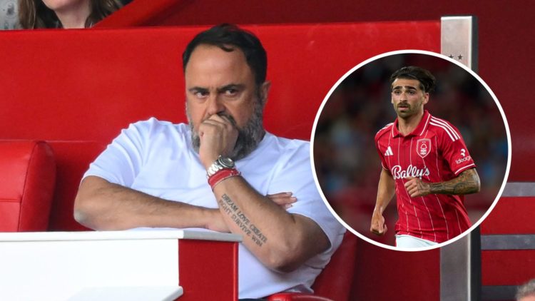 Main: Evangelos Marinakis watching Nottingham Forest from the stands Overlay: Jota Silva in action for Nottingham Forest