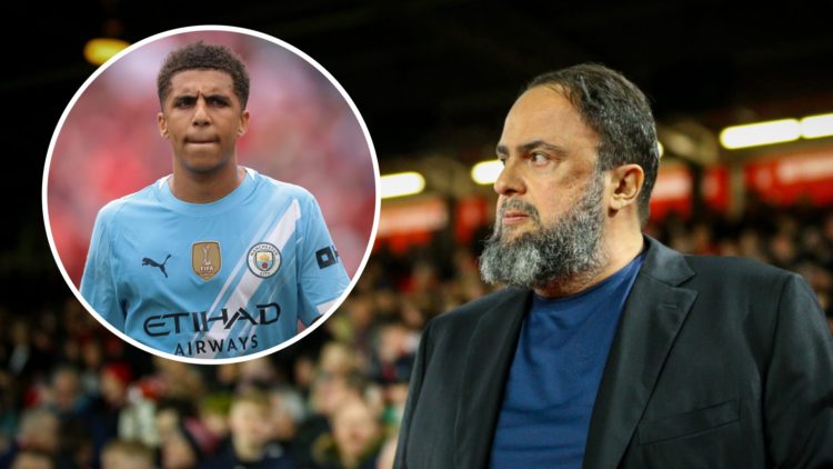 Evangelos Marinakis attends Nottingham Forest vs Arsenal. Inset: Rico Lewis ahead of Manchester City vs Wydad.