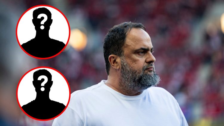 Main: Evangelos Marinakis looking on at Olympiacos match against PAOK in Stoiximan Super League Playoffs Inset top left: Mystery player Inset botto...