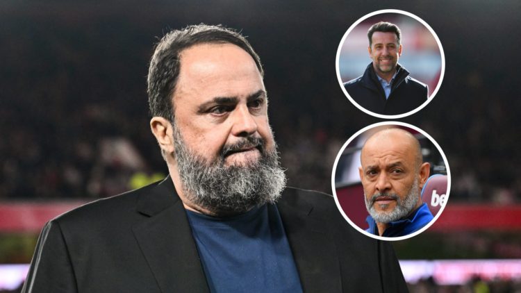 Nottingham Forest owner Evangelos Marinakis. Inset of Edu and Nuno Espirito Santo.