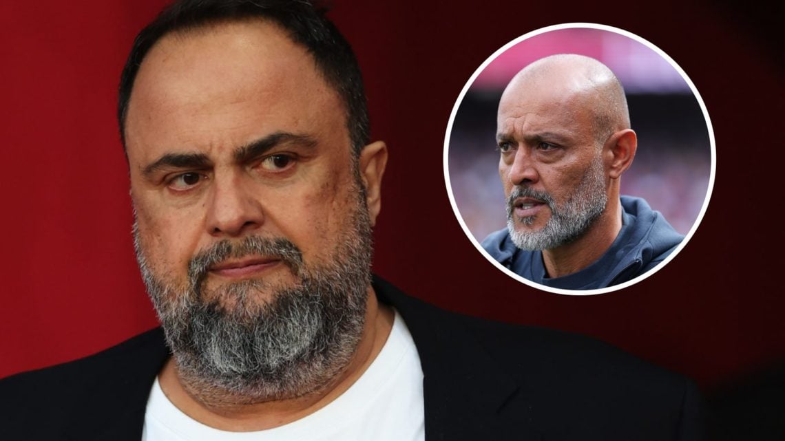Evangelos Marinakis looks on prior to the Premier League match between Nottingham Forest FC and Manchester United FC. Inset: Nuno Espírito Santo du...