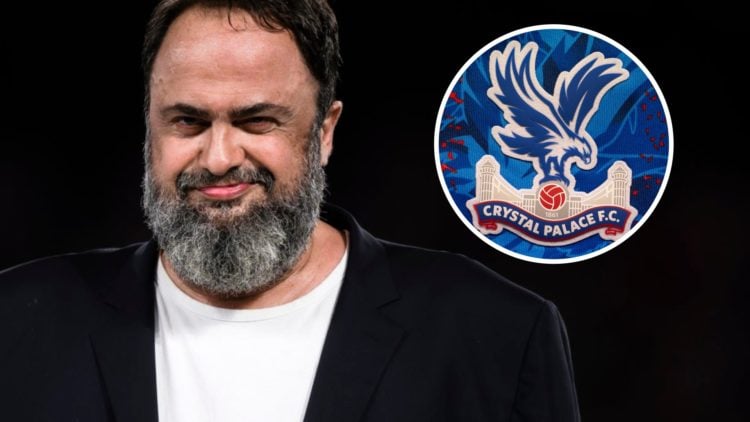 Evangelos Marinakis smiling after Olympiacos won the UEFA Conference League. Inset: The Crystal Palace badge