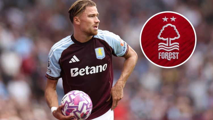 Aston Villa right-back Matty Cash. Inset of Nottingham Forest badge.