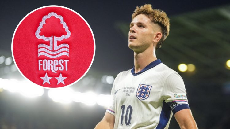 James McAtee holds the match ball in the 2025 U21 Euros final. Inset: The Nottingham Forest badge