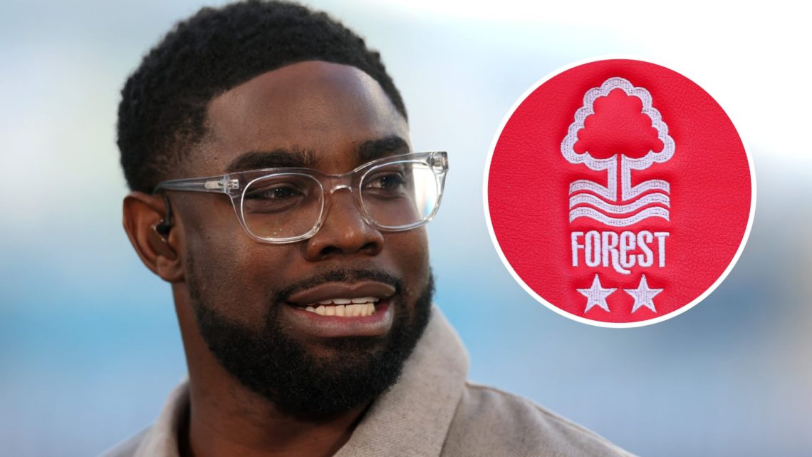 Micah Richards during Sky Sports' coverage of Manchester City vs Wolves. Inset: The Nottingham Forest badge