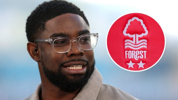 Micah Richards during Sky Sports' coverage of Manchester City vs Wolves. Inset: The Nottingham Forest badge