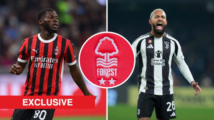 Split image of: Yunus Musah in action for AC Milan against Fiorentina and Douglas Luiz yelling during the Serie A match between Napoli and Juventus...