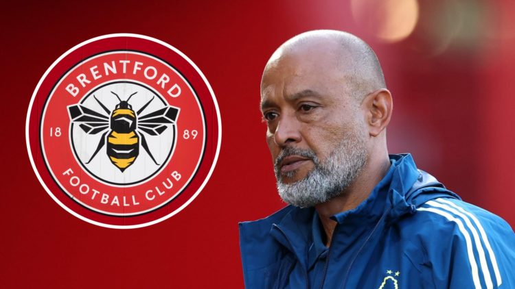 Nuno Espírito Santo ahead of Nottingham Forest vs Al Qadsiah. Inset: A detailed view of the Brentford badge.