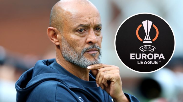 Main: Nuno Espirito Santo watching his Nottingham Forest team in action Overlay: Europa League logo