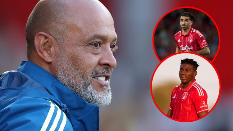 Main: Nuno looks on watching his Nottingham Forest team Overlay: Jota Silva in action for Nottingham Forest Overlay: Taiwo Awoniyi in action for No...