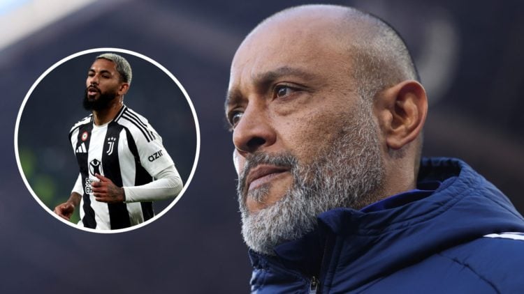 Main: Nuno looks on as Nottingham Forest manager Overlay: Douglas Luiz for Juventus
