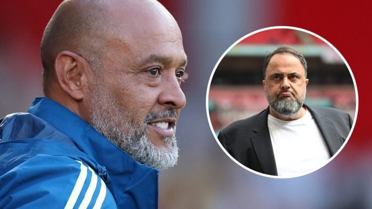 Main: Nuno Espirito Santo looking on as manager of Nottingham Forest Overlay: Nottingham Forest owner Evangelos Marinakis