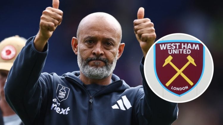 Main: Nuno Espirito Santo gives the Nottingham Forest supporters a thumbs up Overlay: West Ham badge