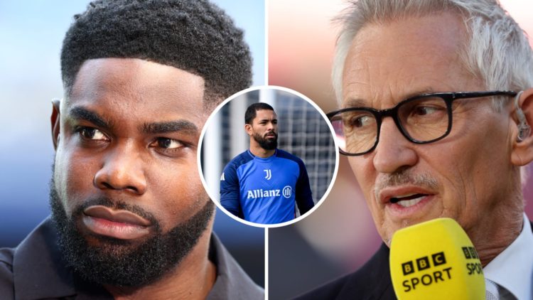 Left: Micah Richards working for Sky Sports as a pundit Right: Gary Lineker working for BBC Sport as a pundit Overlay: Douglas Luiz in Juventus tra...