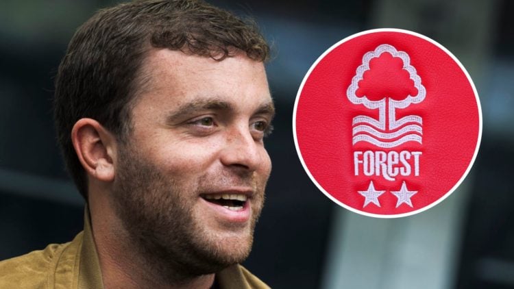 Fabrizio Romano attends Inter vs Roma. Inset: The Nottingham Forest badge.