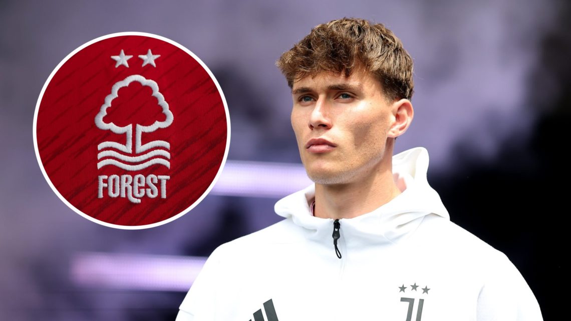 Main: Nicolo Savona in Juventus training gear ahead of game against Manchester City Overlay: Nottingham Forest badge