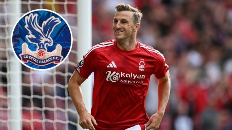 Main: Chris Wood celebrates scoring for Nottingham Forest against AFC Bournemouth in the Premier League. Inset: Crystal Palace club badge.