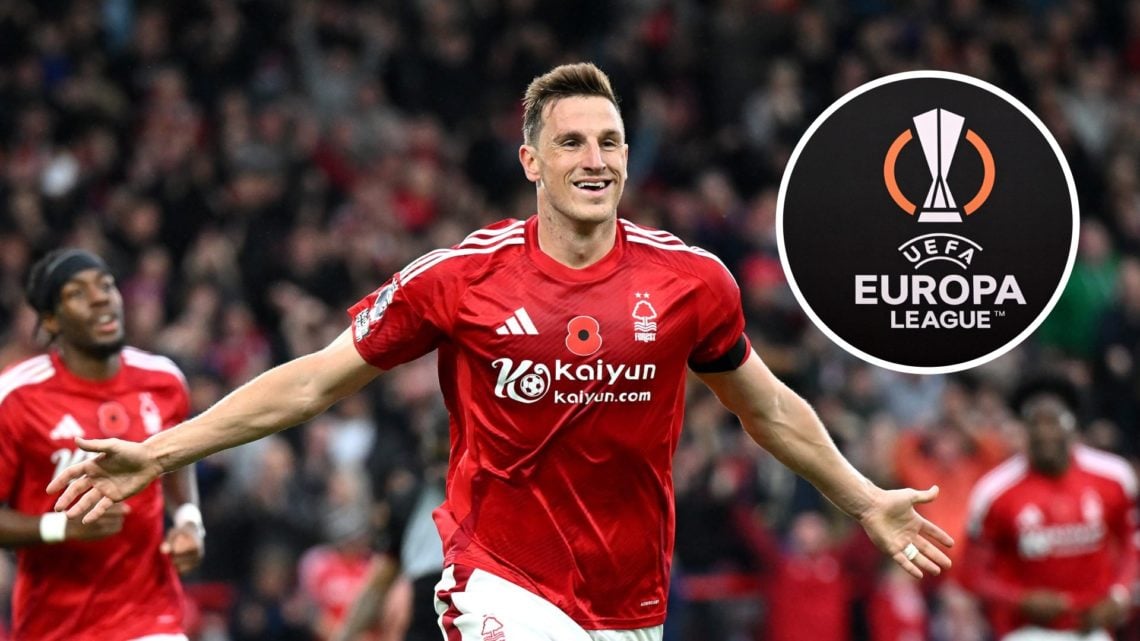 Main: Chris Wood celebrates after scoring for Nottingham Forest at the City Ground. Inset: Europa League logo.