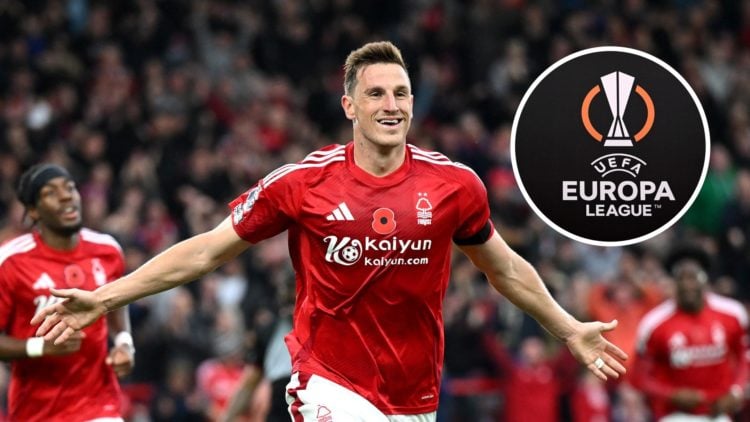 Main: Chris Wood celebrates after scoring for Nottingham Forest at the City Ground. Inset: Europa League logo.