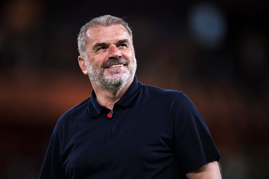 Ange Postecoglou smiles after Tottenham won the Europa League.