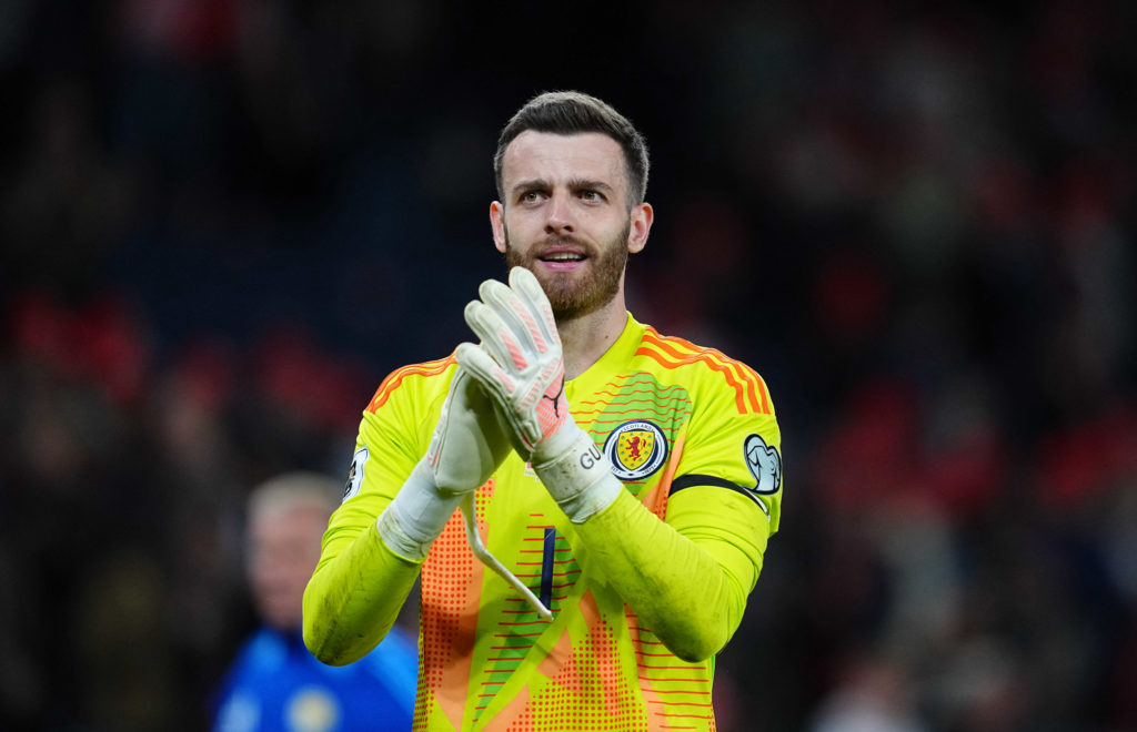 Angus Gunn applauds the fans after Denmark vs Scotland