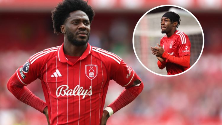 Ola Aina in action for Nottingham Forest against West Ham. Inset: Anthony Elanga applauds the fans after Nottingham Forest vs Manchester United.