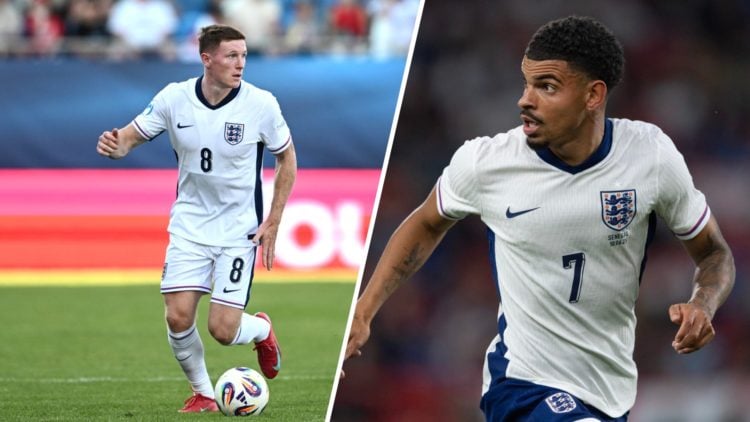 Split image of: Elliot Anderson in action for England U21s vs Slovenia and Morgan Gibbs-White in action for England against Senegal.
